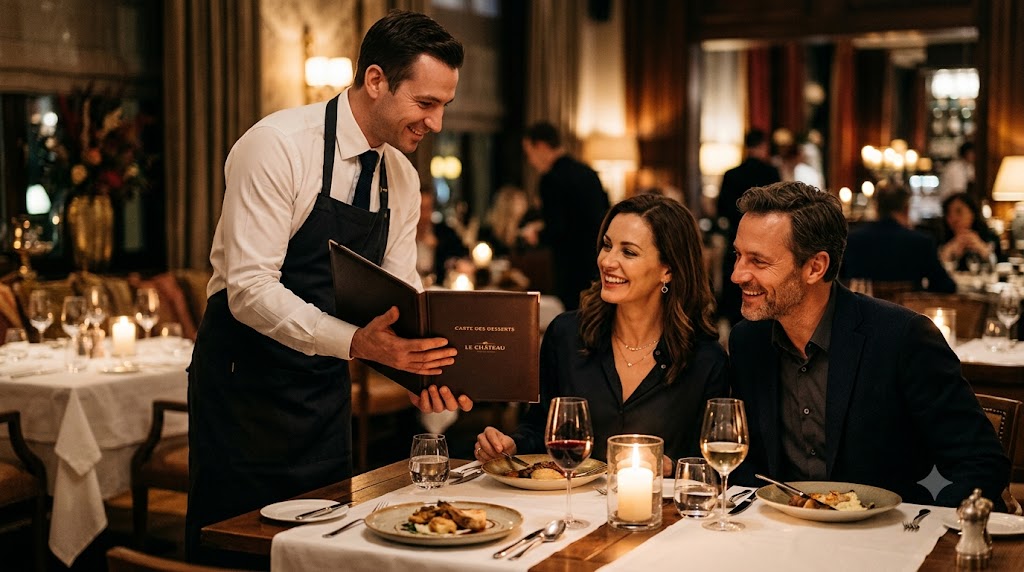 Serveur élégant présentant une carte des desserts à un couple souriant dans un restaurant