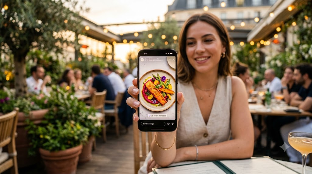 Smartphone affichant une story Instagram d'un plat coloré sur une terrasse de restaurant